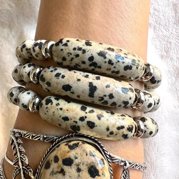 Dalmatian Jasper ID Mala Bead Bracelet - Picture 2 of 12
